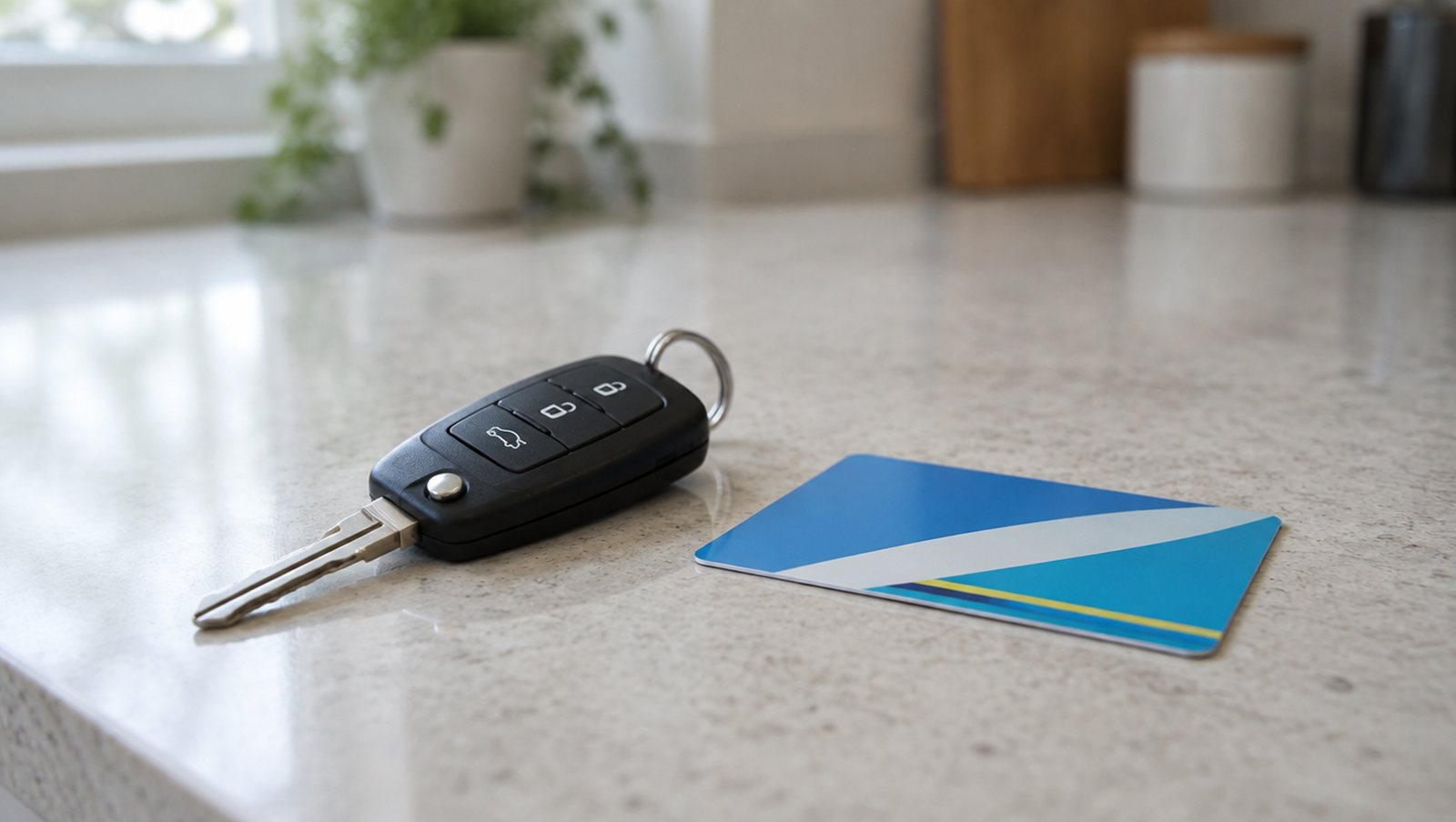 A single car key on a kitchen counter beside a transit pass